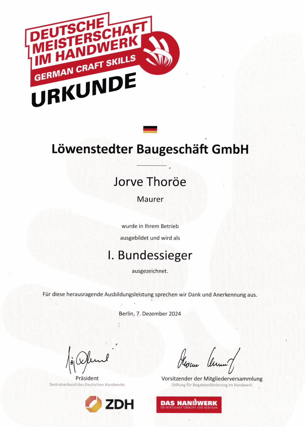 Urkunde Zentralverband des deutschen Handwerks